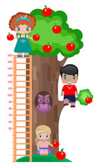 growth meter for children, with an Apple tree, an owl in a hollow, and children, a boy and two girls under a tree and on a tree of different growth(as children grow, measure your growth)