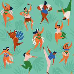 Brazil carnival. Vector seamless pattern with flat characters. Brazilian samba dancers of the carnival in Rio de Janeiro. Girls and boys in festive suits. Vector Illustration.