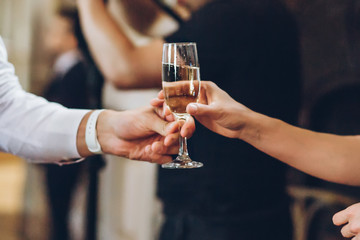 elegant people holding glasses of champagne at luxury wedding reception. hands taking drinks and toasting at social events. waiter serving alcohol, catering at christmas celebration