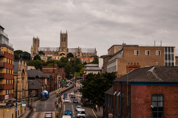 View looking up broad gate Lincoln towards the cathedral