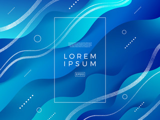 Abstract vector blue background. Composition with fluid  shape, stipple waves and frame for text or message.