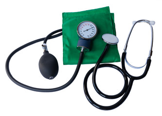 Sphygmomanometer and stethoscope  isolated on a white background. tonometer closeup