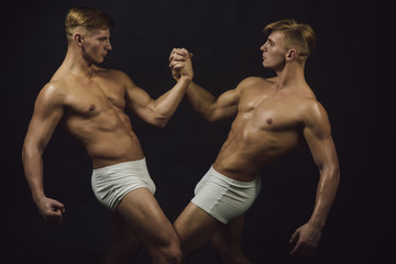 Fototapeta na wymiar Friendship of men do gymnastic. friendship of twins men with muscular body in bodybuilder pose.