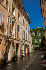 Alleyway with woman entering the house in Aix-en-Provence, a lively town in the countryside. Bouches-du-Rhone department, Provence region, southeastern France