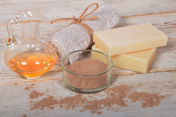 chocolate mud powder for body and face with natural soap and avocado oil