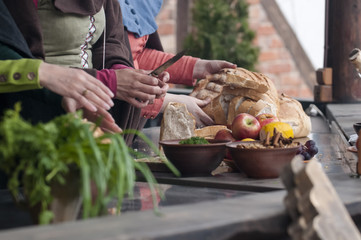 Cutting bread on a wooden Board