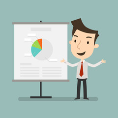 Sales presentation, The businessman with presenting his report through infographics, Business concept, Vector illustration
