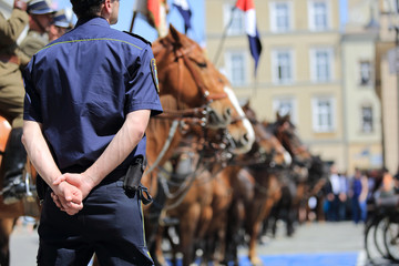Fototapeta Ochrona, strażnik stoi przed konną jazdą Wojska Polskieg obraz