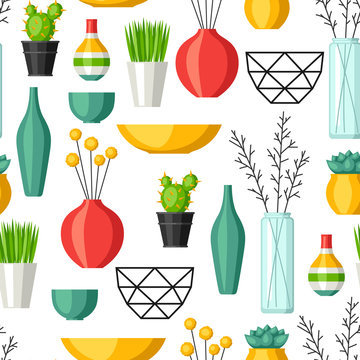 Home decoration vases, flower pots, succulents and cacti. Interior seamless pattern