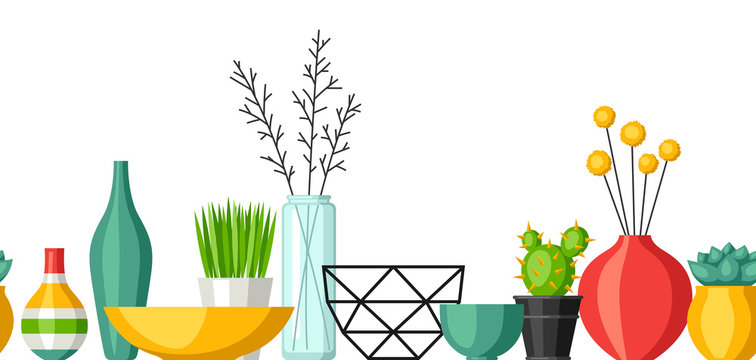 Home decoration vases, flower pots, succulents and cacti. Interior seamless pattern