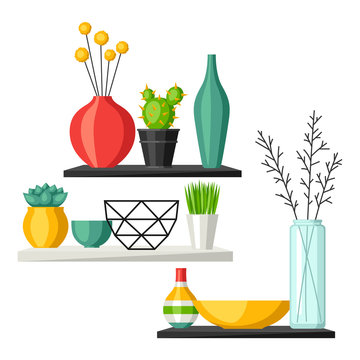 Home decoration vases flower pots, succulents and cacti. Interior illustration