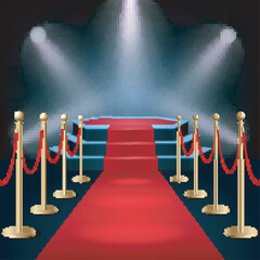 Podium with red carpet and barrier rope in glow of spotlights - obrazy, fototapety, plakaty