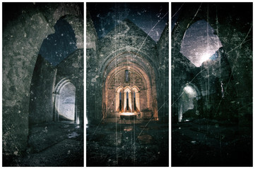 Stylized to look like vintage postcard night photography of presbytery in the ruined church named Corcomroe Abbey in Ireland