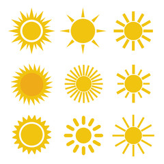 Set of Different Simple Yellow Orange Sun Icons on White Background - Spiky and Wavy Rays