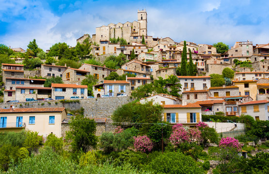 View of village of Eus in Pyrenees-Orientales, Languedoc-Roussillon. Eus is listed as one of the 100 most beautiful villages in France