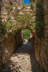 View of stone walls and arch in a alley under blue sky, at the gorgeous medieval hamlet of Les Arcs-sur-Argens, near Draguignan. Located in the Provence region, Var department, southeastern France