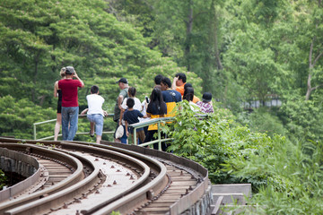 Kanchanaburi Thailand, April 30,2018 : People travel in Railroad tracks for photo Train on platform...