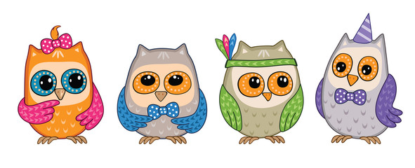 Group, set of cute funny owls on white background. Happy birthday or party. Isolated children's cartoon fairytale illustration, for print or stickers. Fabulous story about animals and birds. Vector.
