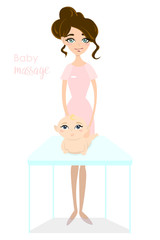Baby massage for children. Flat isolated vector illustration. Brunette masseuse in pink uniform doing massage for little girl