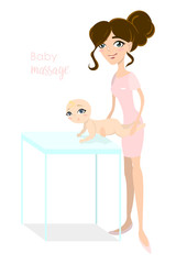 Baby massage for children. Flat isolated vector illustration. Brunette masseuse in pink uniform doing massage for little girl
