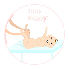 Baby massage for children. Flat isolated vector illustration. Logo. The boy lies on the table.