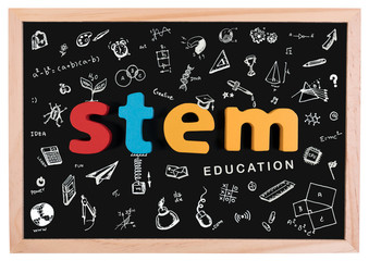 STEM Education. Science Technology Engineering Mathematics. STEM word on school blackboard with doodle education symbols for background.