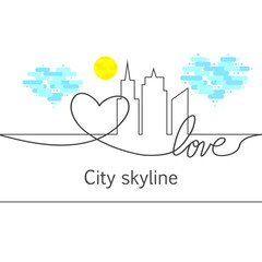Silhouette of the city and heart and love and sun and cloud in continuous drawing lines in a flat style. Modern urban landscape. Vector illustrations. City skyscrapers building office horizon