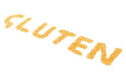 Gluten inscription from wheat grains on a white background