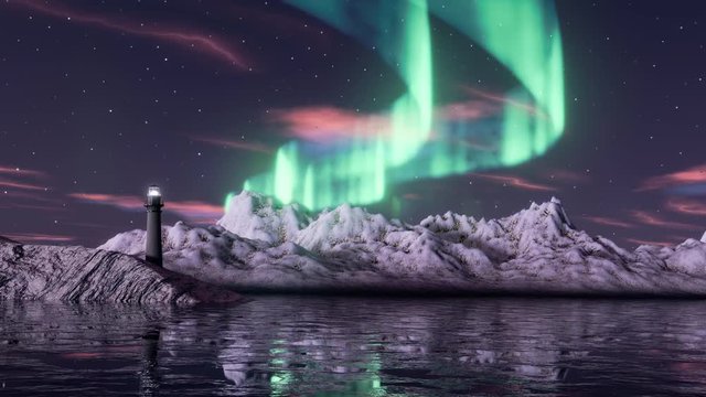 Aurora Borealis. Light house with snowy mountains and sea water. Hyper lapse, 3D rendering, UHD