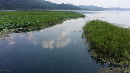 Reflect blue sky on the water of wetland through a river with mountain background