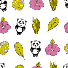 Jungle Seamless background, Africa, panda, monstera  and tropical plants