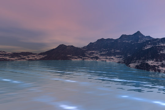Snowy mountain, a polar landscape, beautiful sea with blue waters and a  sky with pink clouds.