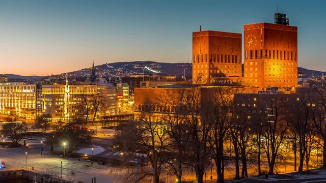 Timelapse Oslo city skyline during twilight in Norway