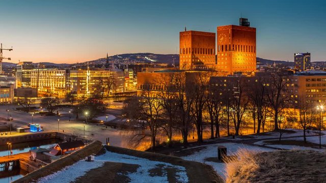 Timelapse Oslo city skyline during twilight in Norway