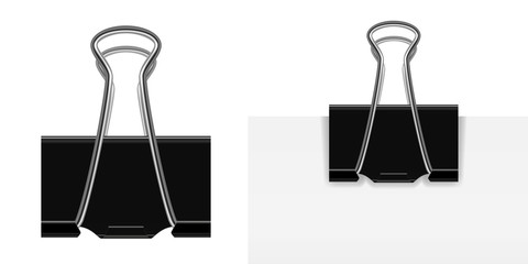 Isolated on white vector realistic black paper clip with a silver handle. A paper clip attached to a sheet of paper. Vector eps 10 illustration.