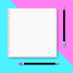 Vector realistic image (layout, mockup) of a notebook, two colored pencils on a blue and pink background. Abstract background in minimalism style. 3d. Template for your text. EPS 10.