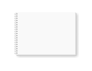 Vector realistic image (mockup) of a notepad located horizontally, top view. A4. White sheets of paper, fixed with a white spiral. Isolated on white, 3d. Layout of notebook, album for drawing. EPS10