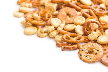 Mixed salty snack crackers and pretzels.