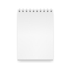 Vector realistic image of a notepad, located vertically, top view. White sheets of paper in a cage (cell lined), fastened with a white spiral. Isolated on white, 3d. Notepad layout. Vector EPS 10