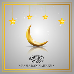 Naklejka na ściany i meble Ramadan Kareem islamic design crescent moon and mosque dome silhouette with arabic pattern and calligraphy. Vector illustration
