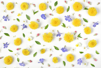 Obraz premium Floral pattern made of yellow dandelion, lilac flowers, pink buds and green leaves isolated on white background. Flat lay. Top view.