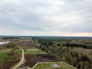 drone image. aerial view of rural area with gravel road network