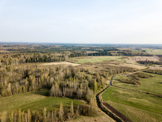 Obraz premium drone image. aerial view of rural area with fields and forests in countryside