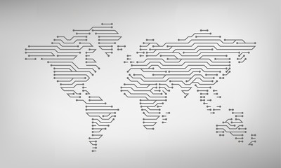 The world map in the form of an electronic circuit. Shape. Vector graphics. Digital technologies.