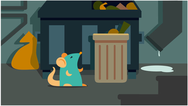 mouse sits in the garbage can. urban landscape. vector illustration