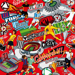 Seamless color pattern on a football theme on a red background. Football attributes, football players of different teams, balls, stadiums. The style of graffiti. Vector graphics