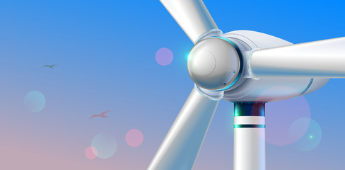 Wind Turbine close up. Abstract wind power station producing renewable alternative energy on clear sky background in the morning. Aerial viewing.