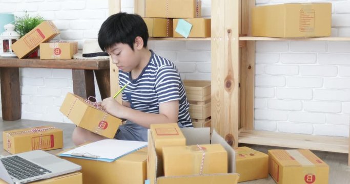 Young Asian boy Working at home, Young business start up with Online Business or SME Concept.