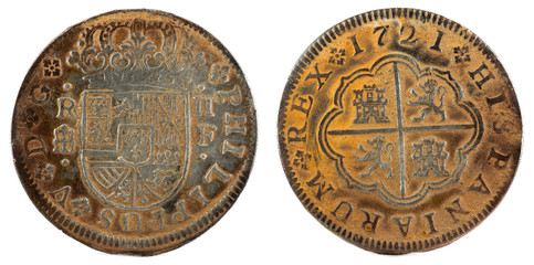 Ancient Spanish silver coin of the King Felipe V. 1721. Coined in Segovia. 2 reales.
