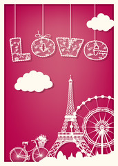 card love Paris with the architecture of Paris. cut from paper